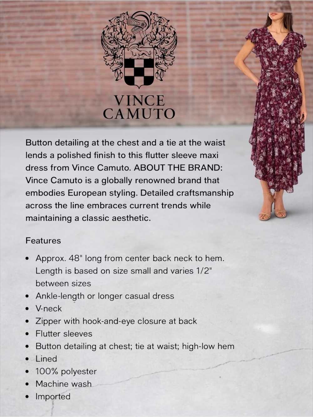 NWT Vince Camuto Floral High Low Maxi Dress Medium Burgundy Flutter Sleeve - Picture 4 of 12